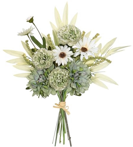 DEMIUKO Fiori Artificiali Verde Dalia Fiori Finti Bouquet Peonia Seta Floreale Decorativi Bouquet Faux Fiori Margherita Piante Finti da Interno Decorazioni per Casa Sposa Tavolo Centrotavola Vaso
