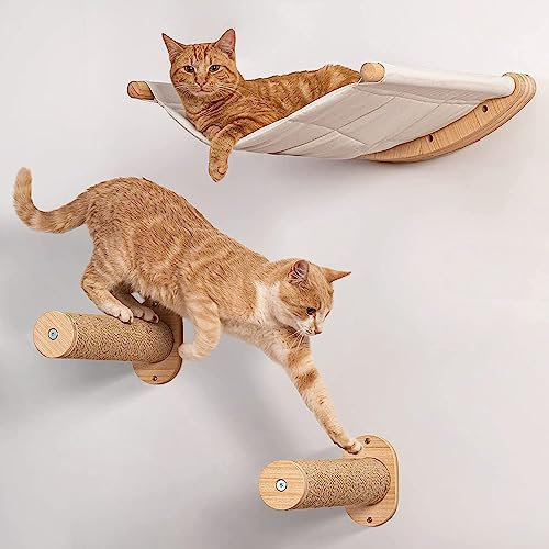 Katzen-Wandmöbel Set, Hängematte aus Stoff mit Holzrahmen, 2 Sisal-Kratzstangen, Wandmontage