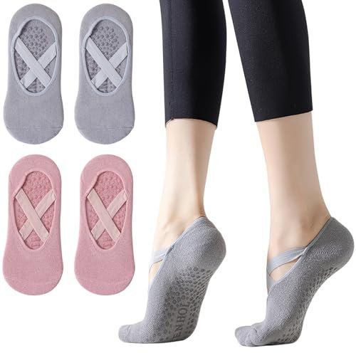 KEPKKU 2 Paar Pilates Socken, Yoga Socken Rutschfeste für Damen & Mädchen Antirutschsocken mit Kreuzgurte, Stoppersocken Damen Füßlinge Rosa & Grau Grip Socks für Ballett/Fitness/Tanz (EU 36-39)