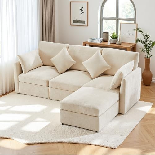 Zubaliya Canapé d'angle en L avec Repose-Pieds,Design Moderne,canapé en Tissu Chenille,canapé 3 Places,adapté aux Appartements,Beige