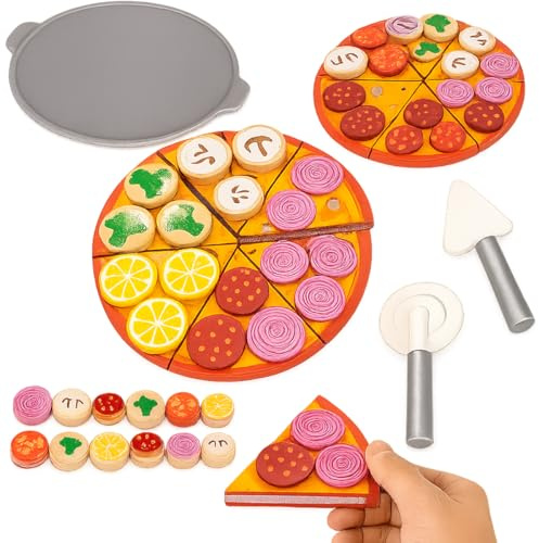 Toyana Wooden Pizza Toy - 30 Piece Pretend Play Pizza Toy with Velcro Slices, Removable Toppings, Play Food Cutting, Kitchen Cooking Simulation Playset Gift for Children Ages 3+