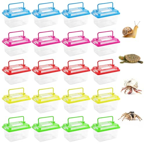 Nyuemystery 20 Pack Small Plastic Reptile Carrier, Tarantula Enclosure Breeding Box with Handle and Ventilation Lid, for Spider Lizard Turtle Hermit Crab Fish, 5.1 x 3.5 x 3.5 Inch, Multi-Color