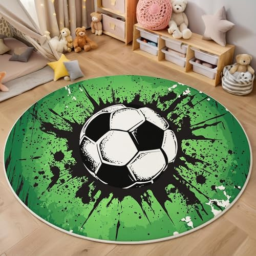 ZISTRCBAO Fußball Mit Farbspritzern rutschfest Runder Teppich 80cm, Aquarell-Graffiti-Stil Runder Teppich Wohnzimmer, Grün Dekoration Teppiche Weich Waschbar Für Jugendzimmer für Jungen