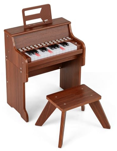 COSTWAY 25-Tasten Keyboard Kinder, elektronisches Kinderklavier mit Hocker, Notenständer & Lehrmodus , Kinderpiano Klaviertastatur für Kinder ab 3 Jahren (Braun)