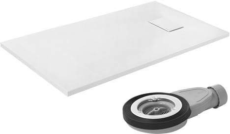 LuxeBath Plato de Ducha 120x70cm Blanco, con Juego de Desagüe Base Rectangular con Superficie Antideslizante y Antibacteriano en Aspecto Pizarra Altura 30mm SMC Extraplano y Robusto, Fácil Instalación