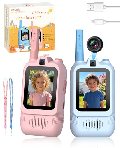 eSynic Walkie Talkies Niños con Cámara Doble Juguete Videollamada Intercomunicador Infantil Recargable Largo Alcance 500 Metros para Exploración Radios Bidireccionales Regalo Cumpleaños Azul Rosa