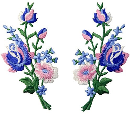 Aufnäher, bestickt, Design: Retro Blumen Strauß Boho Rose, zum Aufbügeln oder Aufnähen, Rosa Blau