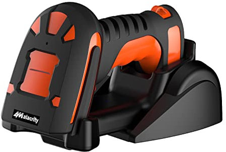 Alacrity Aufgerüsteter 2D Industrie Barcode Scanner mit kabelloser Ladestation, 400m Übertragungsdistanz 433Mhz Wireless & Bluetooth 2in1 Barcode Lesegerät, stoßfest, staubdicht, freihändig, Orange