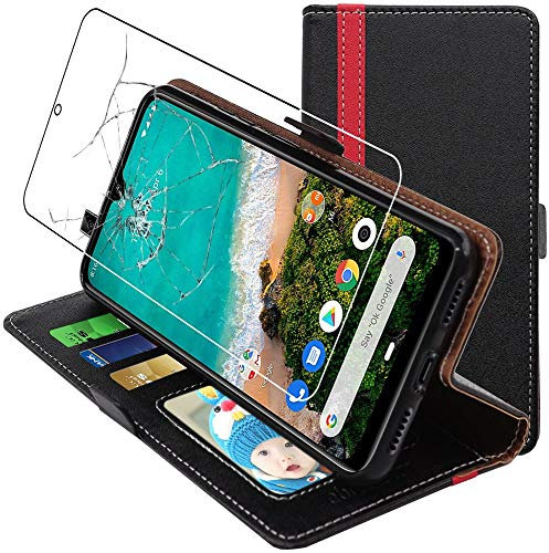 ebestStar - Cover per Xiaomi Mi A3, Custodia Libro Protezione Portafoglio, Pelle PU Porta Carte, Nero/Rosso + Vetro Temperato