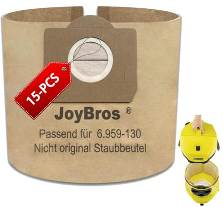 JoyBros 15-Pack Sacs pour Karcher wd3 Premium wd3 wd3p 6.959-130.0 mv3 wd 3.200 6.904-051.0 A 2554 A 2654 A 2204 Papier Sachet