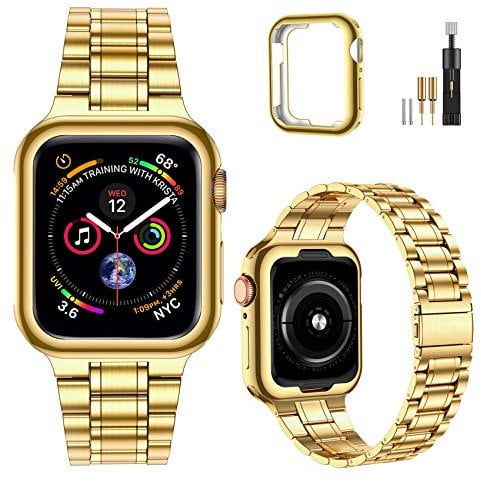 MioHHR Kompatibel mit Apple Watch Armband 42 mm 44 mm 45 mm, Massives Edelstahl-Metallarmband für iWatch Series 9 8 7 6 5 4 3 2 1 SE(Gold)