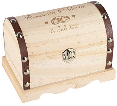 Herz & Heim® Personalisiertes Hochzeitsgeschenk Schatztruhe mit Gravur in verschiedenen Größen Eheringe, ca. 15 cm x 10,5 cm x 9,5 cm (B/H/T)