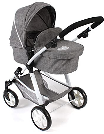 Bayer Chic 2000 568-76 Kombi-Puppenwagen Nele, 2-in-1 für Baby-Puppen bis 50 cm, Jeans grau