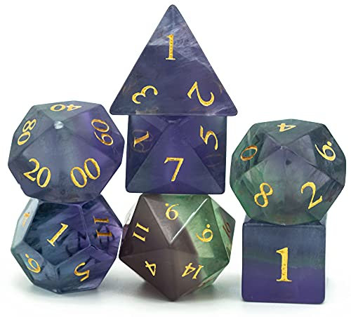 World of Dice - Fluorit Edition - edles Würfelset aus echtem Schmuckstein, 7-teiliges Würfelset für RPG, Pen and Paper, DND, DSA, D4 bis D20