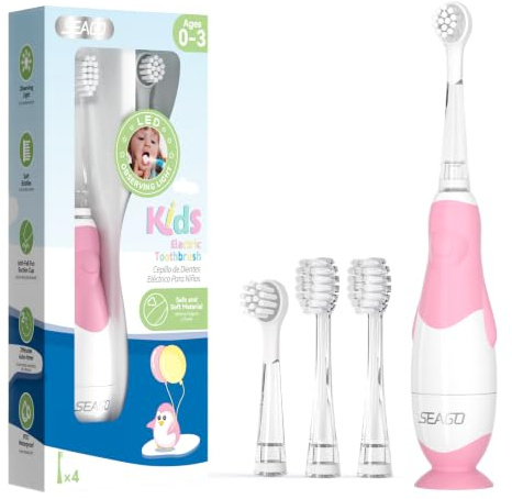 Seago Baby Electric Toothbrush, Children's Power Toothbrushes with 4 Brush Heads and Led Light, 2-Min Timer for Children Aged 0-3 Years, Penguin Shape Design SG513(Pink)