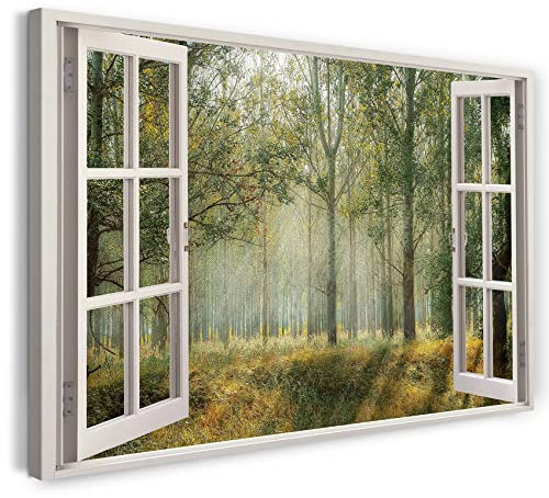 Printistico Bilder Fensterblick 120x80cm Baumwoll-Leinwand auf Keilrahmen mit Aufhänger moderner Kunstdruck XXL Wandbilder Wand-Dekoration Wald Moos Pflanzen Sonne - Natur-Fotografie