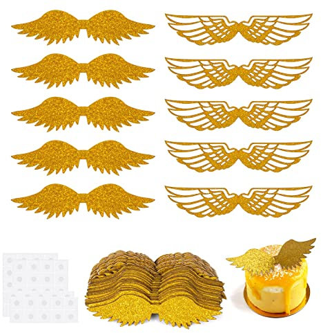 AWAVM 60 Goldener Engel Flügel Kuchen Oberflächenschicht, Schokolade Kuchen Dekoration Plug-in, Cupcake Dekoration Oberflächenschicht, Kuchen, Süßigkeit, Dessert, Backdekoration