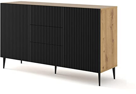 BIM Furniture Kommode Ravenna B 2D3S 150 cm mit gefräster Front Hochwertiges MDF, Sideboard, Buffet auf Schwarze Metallstiftbeinen, 2 Schränke, 3 Schubladen (Eiche Artisan + Schwarz Matt)