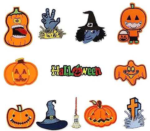 CHEERYMAGIC Halloween Iron on Patches, Halloween Appliques Sticker, Halloween Pumpkin Broom Embroidered Patches Iron on Patch Applique for Jeans Dress DIY Costume Accessories A9NGCXT
