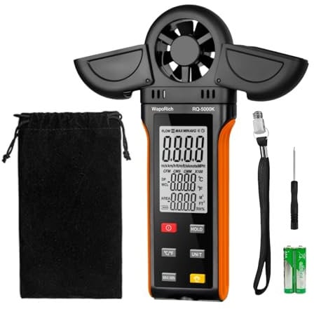 Windmesser Windmessgerät, WapoRich Digital Anemometer Handheld Wind Speed Meter Gauge Misst Luftfeuchtigkeit/Temperatur/Windgeschwindigkeit mit MAX/MIN/AVG für HVAC, Segeln, Surfen, Drohne RQ-5000K