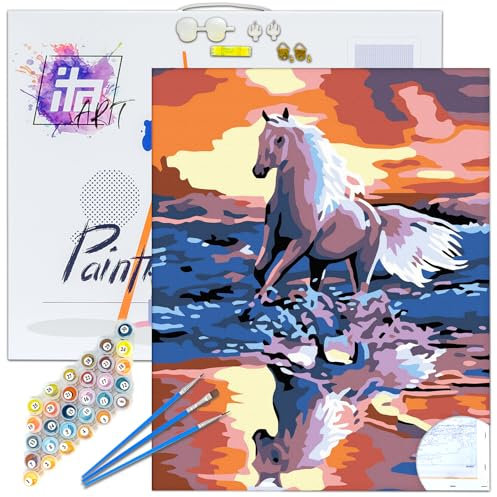 ITA Art Malen nach Zahlen Komplett Set mit Keilrahmen, Acrylfarben, Pinseln, Zubehör, Geschenkbox - DIY Gemälde Bastelset Kit mit Leinwand für Erwachsene, 30x40 cm, Pferd im Meer