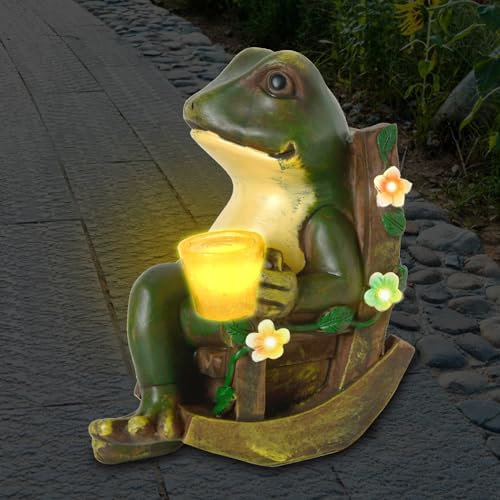 Johiux Updated LED Frog Garden Ornaments Outdoor Solar Garden Decor Statues Gnomes Outdoor Funny,Fairy Garden Accessories Waterproof LED Solar Animal Statue Garden Balcony Gifts for Women Men.