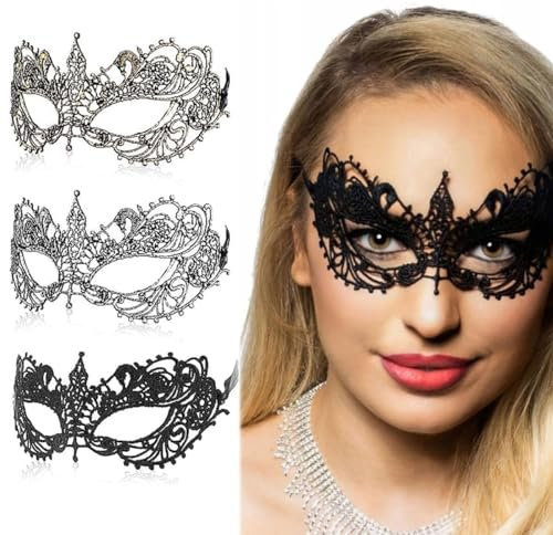 EORPAVU Masken & Brillen für Erwachsene,Sexy Stretch-Spitzenmaske für Damen, Augenmaske für Abschlussball, venezianische Maskerade, Kostüme, Halloween, Maskerade, Party (3er-Pack, Schwarz)