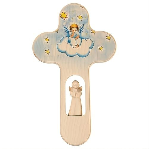 Kinder - Holzkreuz besonderes Kinderkreuz für Taufe, Kommunion, Konfirmation oder Geburt - 20cm Kreuz aus hochwertigem Holz - Wandkreuz mit Engel - HolyHaul