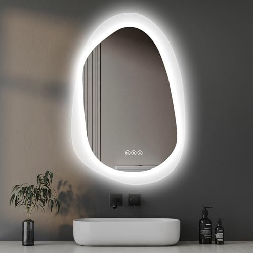 YOLEO Badspiegel mit Beleuchtung, Asymmetrischer Wandspiegel LED Badezimmerspiegel Antibeschlag großer Schminkspiegel, Berührungstaste Dimmbares 3 Farben LED-Licht, 59x90cm