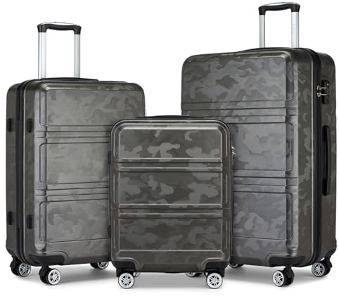 Kono Set de 3 Valises Rigide Bagage Cabine + Valise Moyenne 65cm + Valise Grande 74cm avec 4 roulettes et Serrure TSA, Gris/Camouflage