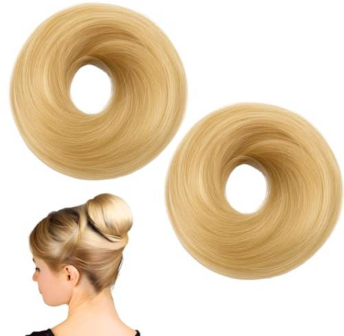 2 Haargummi mit Haaren, Haarteil blond für schnelle Frisuren, Dutt Haarteil mit Gummiband für Hochzeiten, Partys und Alltag, Fake Dutt für Frauen mit dünnem Haar