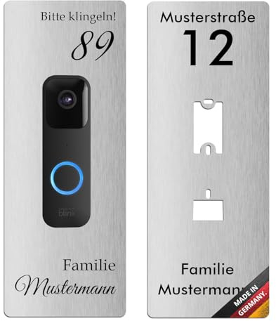 iSecur Personalisiert Edelstahl Blende Blink Doorbell 26 x 10 cm - az204 | Personalisierte Edelstahl-Blende für Blink Videotürklingel, mit Wunschdruck Namen Hausnummer, verdeckt Bohrlöcher sauber