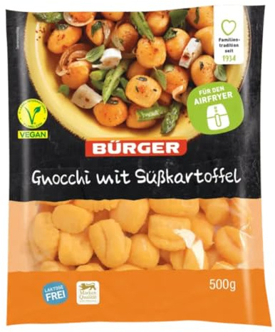 BÜRGER Gnocchi mit Süßkartoffel, 500 g – Kochfest & Airfryer-geeignet, vegane Kartoffelklößchen als schnelle Beilage, 1 Beutel á 500g