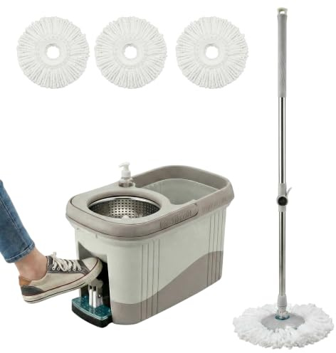 Aspect Spin Mop and Bucket Set, 4-in-1 with Foot Pedal, Adjustable Handle, 3 Microfibre Mop Heads & 1 Liquid Bottle, All-Surface Floor Cleaning System, 360° Spin Mop