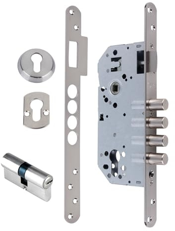 Cerradura de Seguridad para Embutir Monopunto Canto Redondo con 4 Bulones de Acero Antipalanca, Níquel Satinado, Distancia 60/85mm, Ideal para Puertas de Entrada, Incluye Escudo y Pletina.