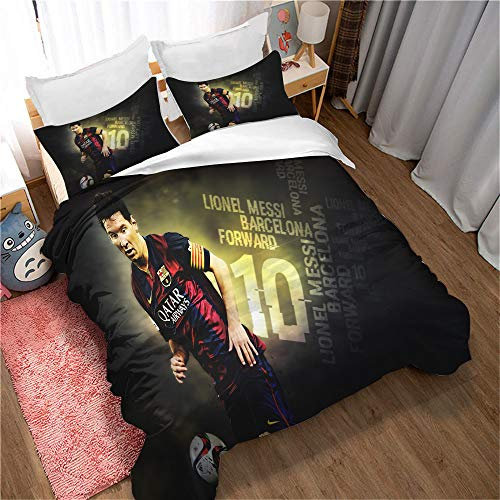 Fußball Lionel Messi Bettbezug Und 2 Kissenbezüge, Bettbezug Bettwäsche Für Kinder, Anti-Milbe, Mit Reißverschluss Für Einfachen Austausch (135 x 200 cm,Stil 03)