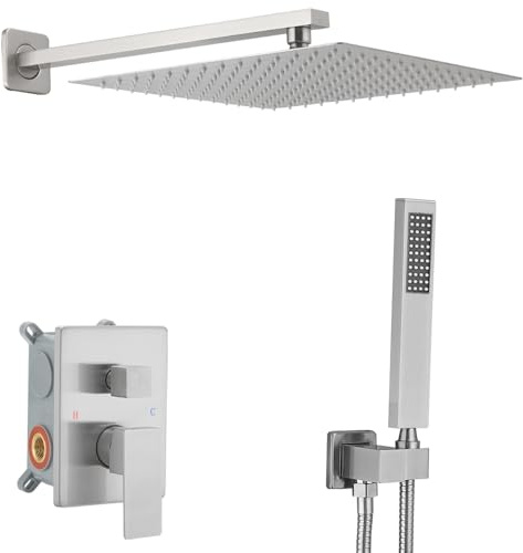 JingGang Duschsystem aus gebürstetem Nickel, 30,5 cm, luxuriöses Regenmischer, Dusch-Kombi-Set, wandmontiert, Regenduschkopf und Handsystem, Duscharmatur-Set, grobes Ventilkörper und Verkleidungsset