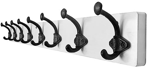 WEBI Garderobenleiste,Wandgarderobe Holz mit 8 Haken Gusseisen,Garderobenhaken Wand Garderobe Hakenleiste,Kleiderhaken Wand für Mäntel,Jacken,Weiß