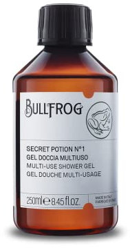 Bullfrog – Mehrzweck-Duschgel Secret Potion N.1: Reinigungsmittel für Körper, Gesicht und Haare, 92,3% natürlich, holziger und bernsteinfarbener Duft, vielseitig und revitalisierend, 250 ml