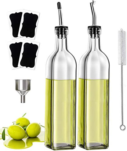 Oil Dispenser Olive Oil Bottle Drizzler Vinegar Bottle 500ML/17OZ, Lead-Free Glass Oil Bottle for Kitchen Come With 2 Types of Grease Nipples, Dispensing Funnel, Brush and 4 Name Stickers (2 PCS)