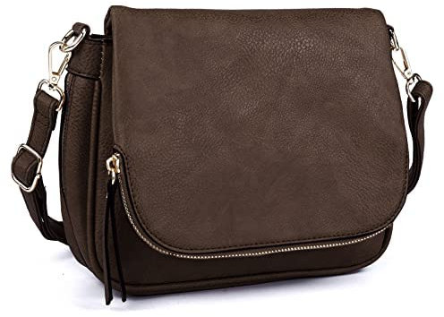 GLITZALL Petit sac à bandoulière pour femme en cuir synthétique avec bandoulière et rabat, café