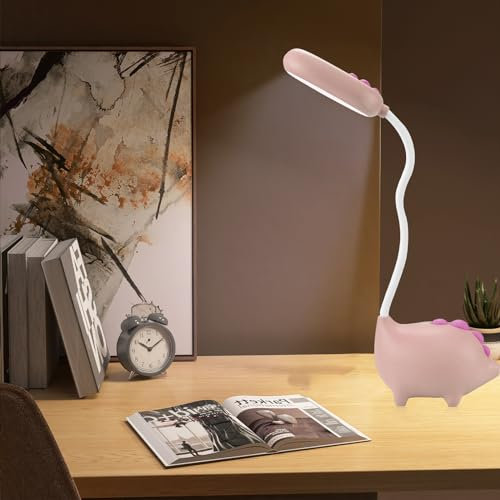 Dinosaurier Schreibtischlampe Kinder, Jungen Schreibtischlampe USB Wiederaufladbare Tischleuchte Touch Schalter Lamp 3 Helligkeitsstufen Schreibtischlampe LED Augenschutz für Lesen, Lernen (Rosa)