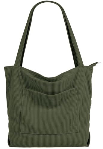 MAMUNU Umhängetasche Cord Tasche Damen Groß Kapazität Schultertasche mit Reißverschluss Große Tote Bag Handtasche Shopper Tasche für Alltag Arbeit Büro Reisen Einkaufen (Grün)