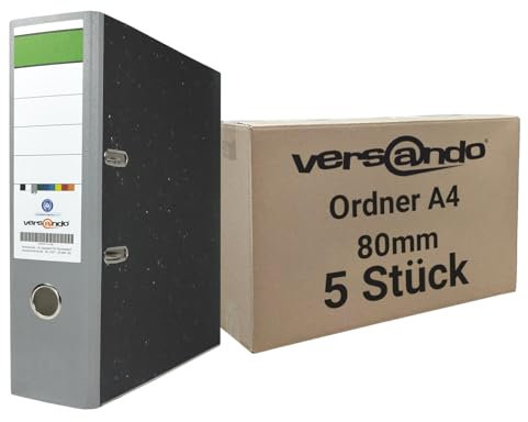 versando 5x breiter Premium Ordner DIN A4 Rücken 8cm Aktenordner Ringordner - Blauer Engel zertifiziert - grau