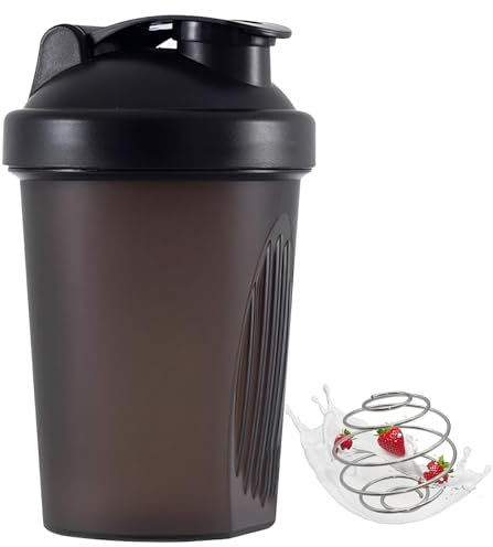 Shunshi Protein Shaker Bottle 400ml with Stainless Steel Mixing Ball, Mini Water Bottle for Protein Shakes -Leak-proof Flip On Lid& BPA Free & Easy to Grip & Temperature Safe(Black)