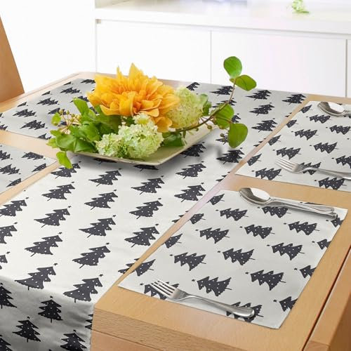 ABAKUHAUS Weihnachten Tischläufer & 4 Stück Tischsets, Fir Tree Silhouette, Set für die Tischdekoration, 40 cm x 180 cm, Anthrazit grau und Elfenbein
