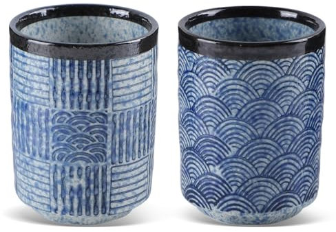 Japanisch Teetasse 2er Set, Chinesische Keramik Teetassen, Sake Tassen Vintage Teebecher Set Blau Traditionelle Wellenmuster, Porzellan Kaffeebecher Ohne Henkel, Modernem Design für Kaffee, 280ml