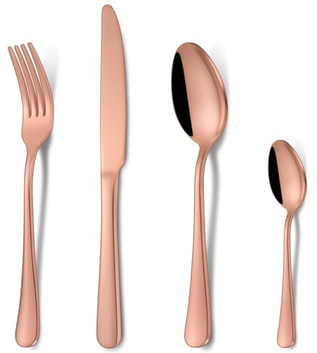 Cutlery Set Rose Gold, HONKKU 32 Pieces Stainless Steel Flatware Set for 8 People, Mirror Polished Silverware Set with Spoon Knife and Fork Set for Home Kitchen, Dishwasher Safe