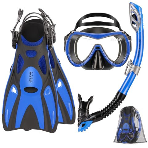 OutdoorMaster Mobula Schnorchelausrüstung für Erwachsene, Maske Flossen Schnorchel Set mit Panoramablick Anti-Beschlag, Dry Top Tauchausrüstung zum Schwimmen Schnorcheln Tauchen - Blau Schwarz,L/XL
