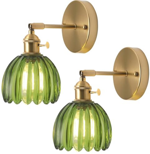 TOKTOP Lot de 2 Applique Murale Fleur Vintage Laiton Doré et Verre Vert avec Interrupteur Lampe Murale E27 Luminaire Murale pour Salle de Bain Chambre Salon Cuisine